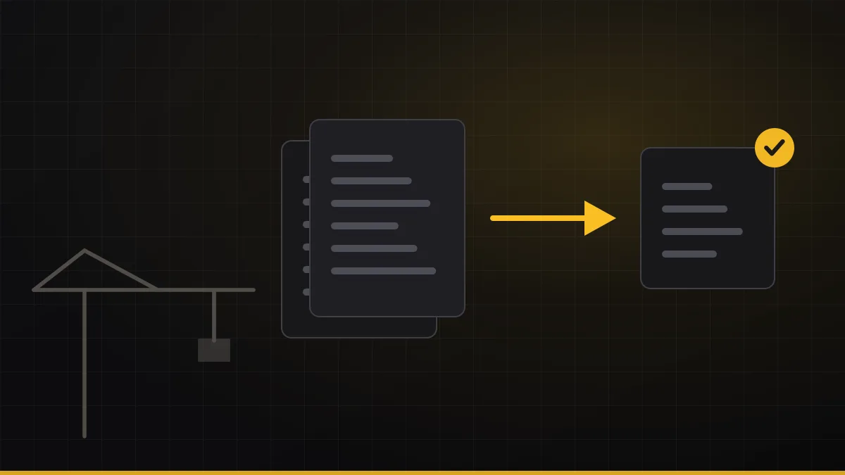 Stack of vendor invoices flowing into an automated approval pipeline beside a construction crane outline