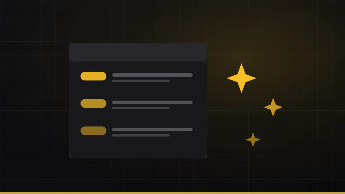 Release notes panel with new-feature badges over an abstract circuit pattern in Sledge amber